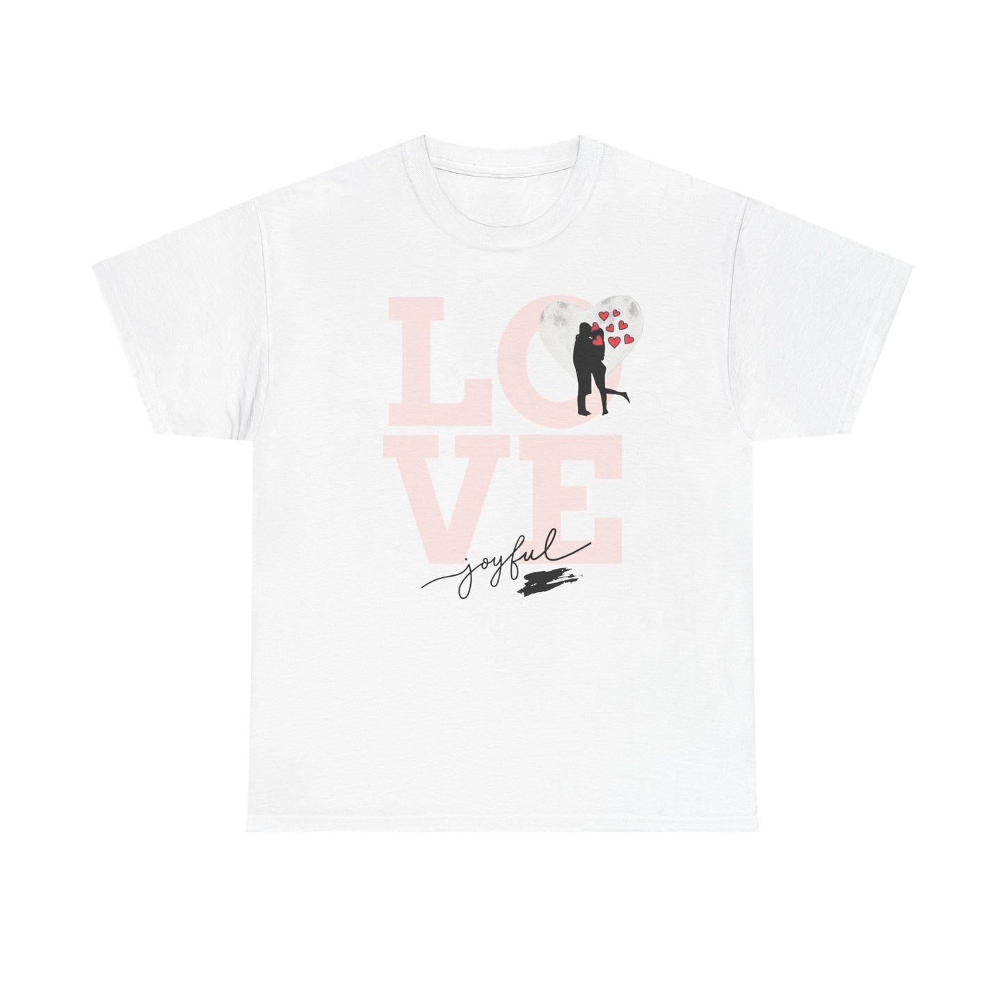 Love Kiss Graphic Tee — Romantic Valentine’s Day Shirt with 'Joyful' Script